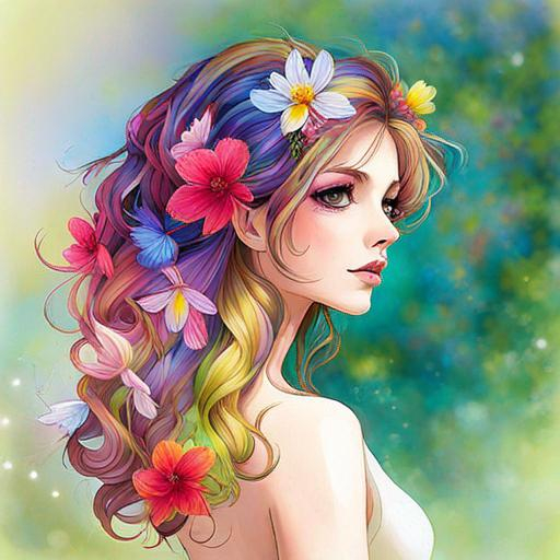 Prompt: a fairy of spring, ,wildflowers, vivid colors,  facial closeup