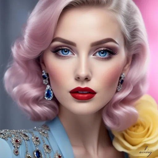 Prompt: <mymodel>Glamorously dressed lady of rhe 1930's wearing sapphire jewelry,blue eyes