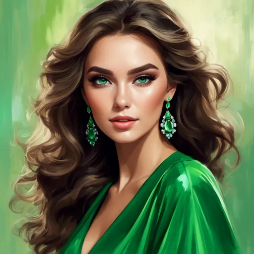 Prompt: <mymodel>Detailed illustration of a woman in vibrant green attire, large vivid green eyes, elegant makeup, digital painting, high resolution, realistic style, vibrant green, professional lighting