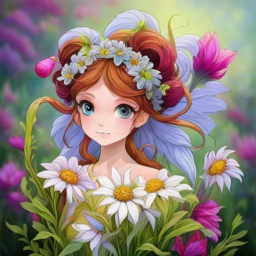 Prompt: a fairy of spring, Sbitley Temple curls, ,wildflowers, vivid colors, closeup