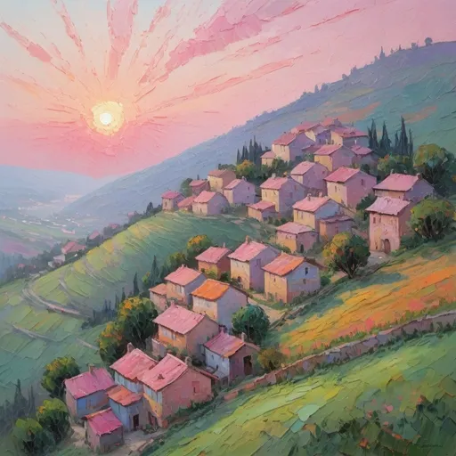 Prompt: Village on a hillside, sunrise, pinkish   Impasto, Impressionist
  