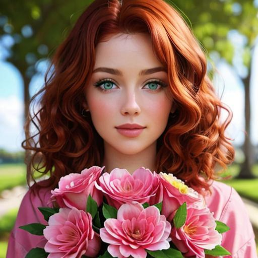 Prompt: a beautiful woman ,  curly auburn hair, green eyes, lots of pretty pink flowers
