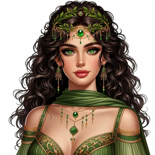 Prompt: The image depicts a strikingly beautiful young woman with a captivating presence. She has long, voluminous, dark curly hair adorned with a green headband that features delicate gold accents and leafy designs. Her vivid green eyes stand out, providing a mesmerizing contrast to her soft, glowing complexion. She has a subtle flush on her cheeks, giving her a healthy, vibrant look.

She is dressed in a green outfit that appears to be inspired by fantasy or medieval themes. The attire includes intricate gold details, adding to the ornate and regal appearance. She wears a green scarf around her neck, complemented by a statement necklace featuring a green gem and gold elements.