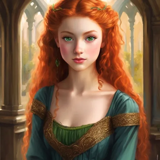 Prompt: head portrait of a beautiful fantasy young teenaged maiden dressed modestly. red hair, green eyes. Epic romantic painting