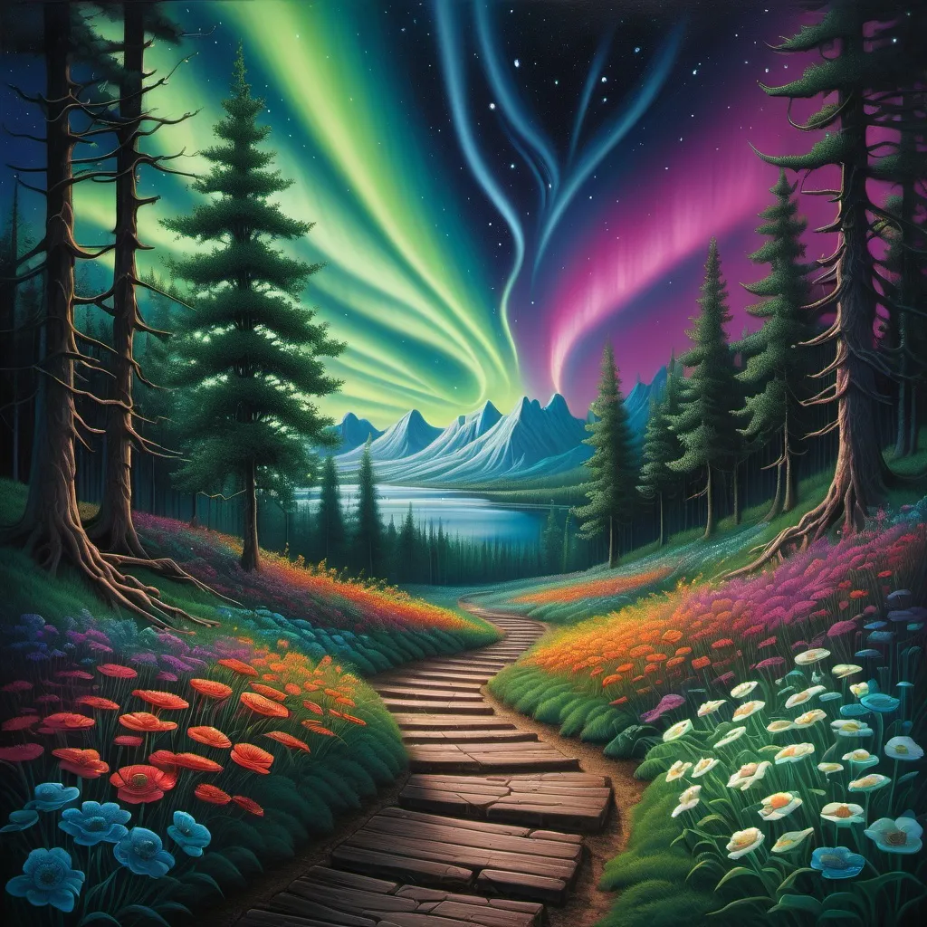 Prompt: a pathway leading to a forest with flowers and trees on it, with a night sky with northern lights in background, David A Hardy, psychedelic art, dreamlike, a detailed painting