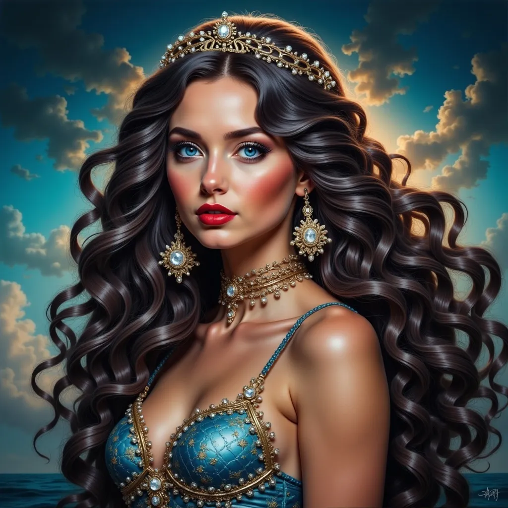 Prompt: a beautiful woman with long hair wearing a tiara and stars on her head, in the ocean with a blue background, Edwin Georgi, fantasy art, highly detailed digital painting, a digital painting