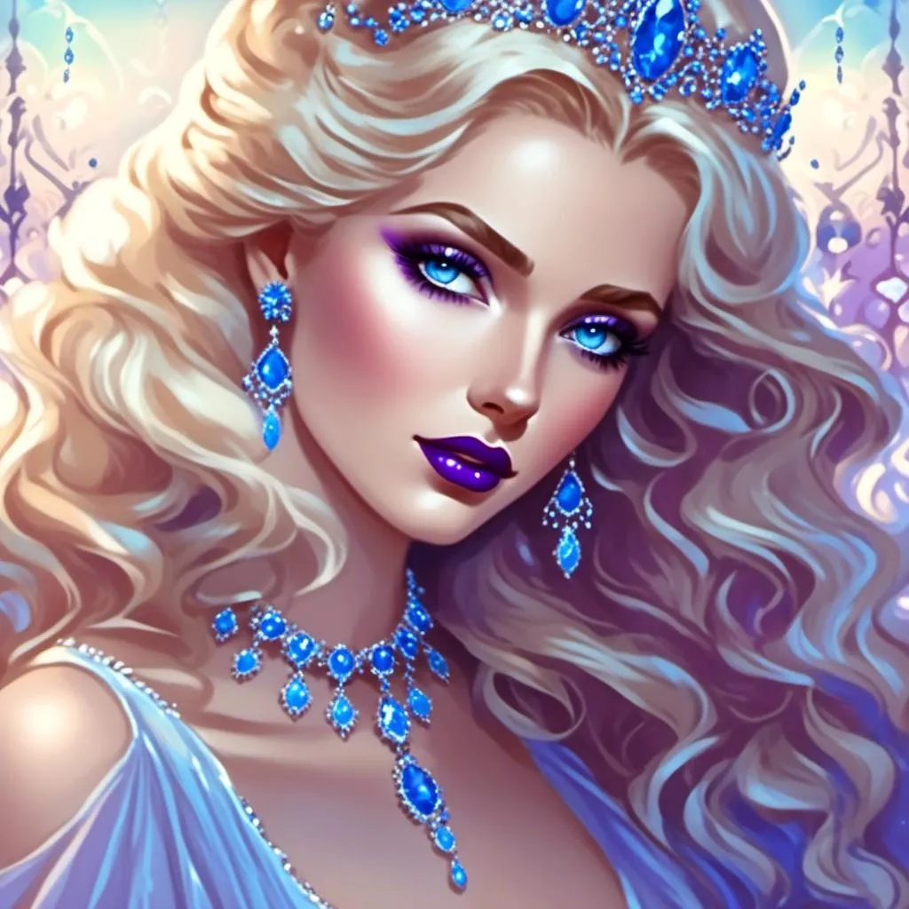 Prompt: <mymodel>Beautiful ethereal woman, long blonde hair,and icy blue eyes color, purple lipstick, facial closeup