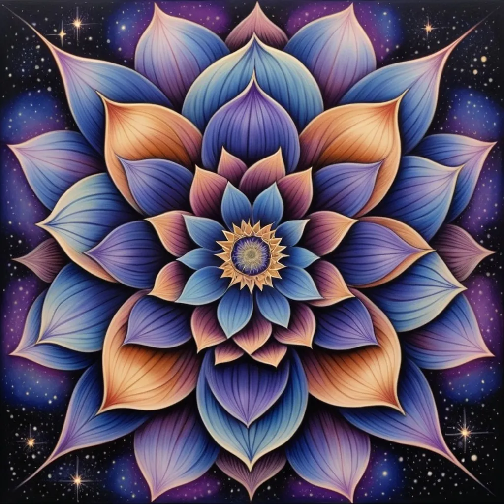 Prompt: a painting of a flower with a blue center and purple petals on it, surrounded by stars and a black background, Amanda Sage, psychedelic art, sacred geometry, a detailed painting