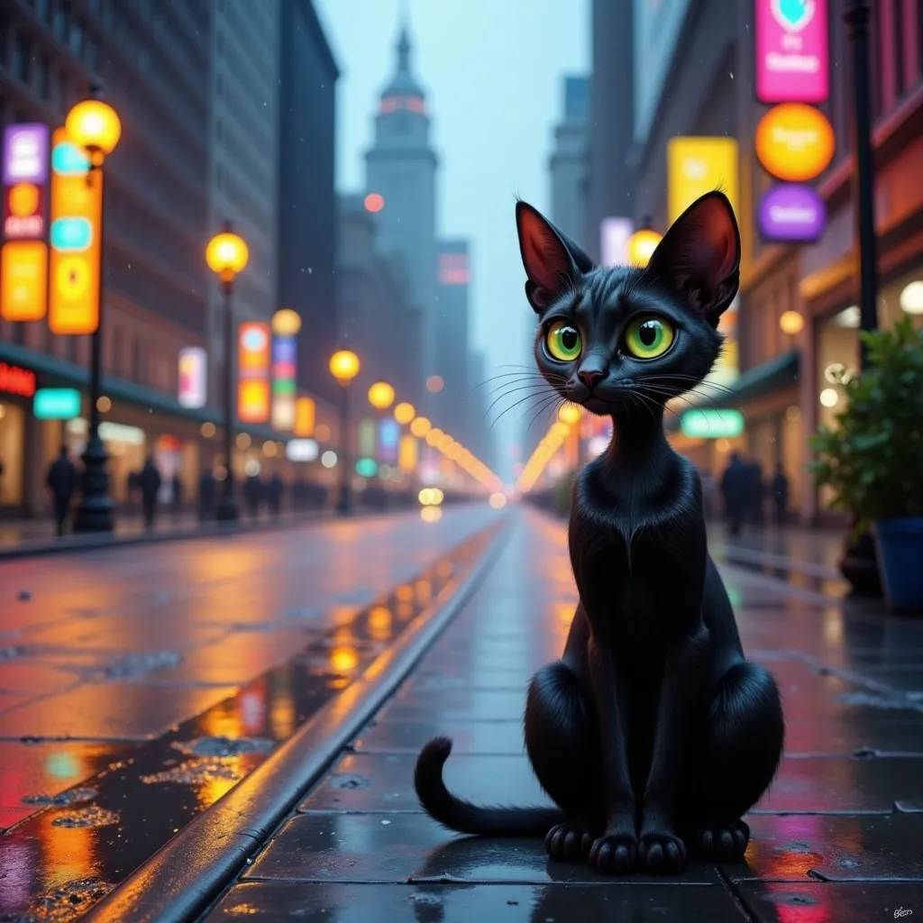 Prompt: a black cat with green eyes sitting on a sidewalk in the rain with a city street in the background, Eddie Mendoza, photorealism, pixar style, a 3D render