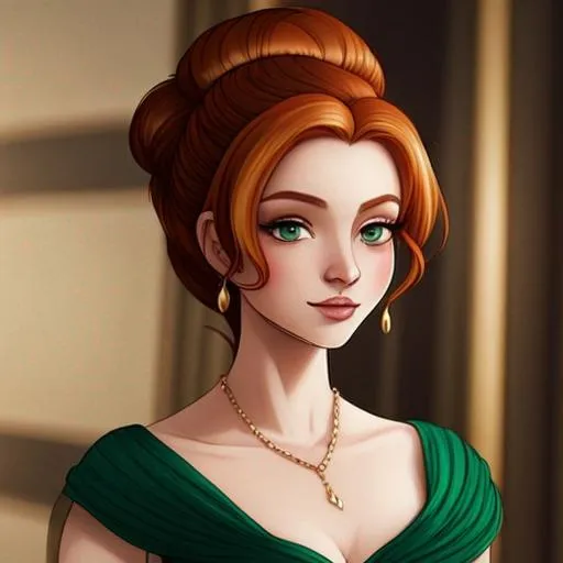 Prompt: Elegantly dressed lady,  emerald evening gown, ginger hair in an uodo, pretty makeup, facial closeup, in a cartoon style