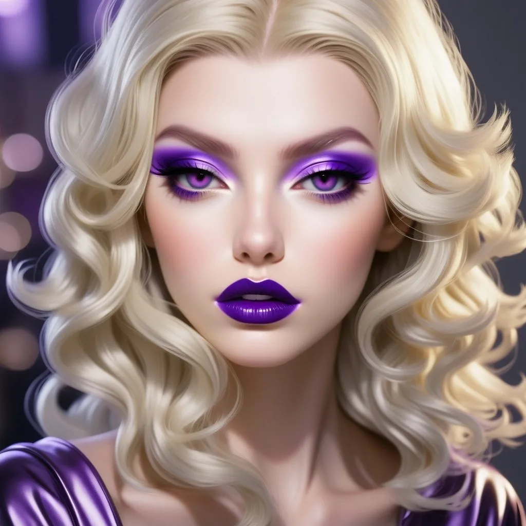 Prompt: Hypnotic bimbo  platinum  blonde   gold lips and purple eyeshadow <mymodel>