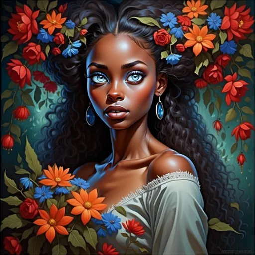 Prompt: <mymodel>Nataasha-Beautiful woman with flowers, oil painting, detailed fiery eyes, ethereal glow, dark and mysterious, high quality, vibrant colors, surreal, haunting, intricate floral details, intense gaze, mystical atmosphere, oil painting, demon, hybrid, fiery eyes, ethereal, vibrant colors, surreal, haunting, floral details, intense gaze, mystical atmosphere