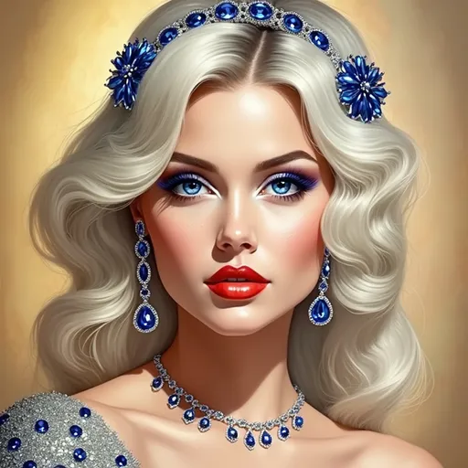 Prompt: A woman dressed in a blue dress, blue eyes, sapphire jewelry, long flowing hair