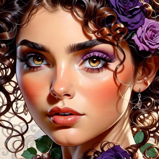 Prompt: <mymodel>Beautiful and Gorgeous woman, purple roses in hair