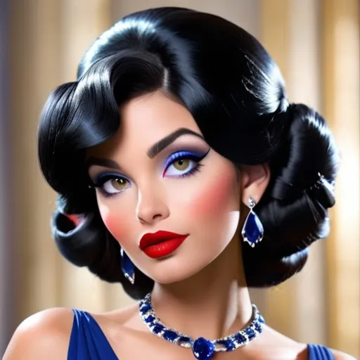 Prompt: woman with black hair in an updo, pretty makeup, red lips, wearing sapphire jewelry, facial closeup
