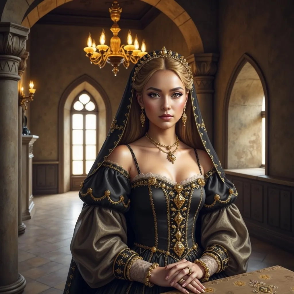 Prompt: a woman in a renaissance dress is posing for a picture in a castle like setting with a chandelier, Artur Tarnowski, renaissance, medieval, a character portrait