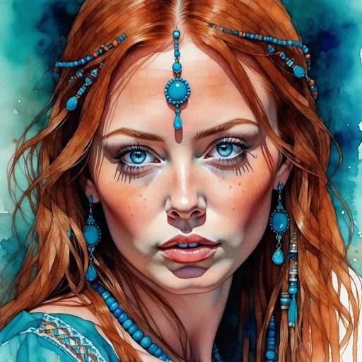 Prompt: <mymodel>Watercolor and pen sketch of a young woman in southwestern style, turquoise jewelry, flowing attire, intricate details, vibrant colors, high quality, southwest art, watercolor, pen sketch, detailed jewelry, flowing attire, vibrant colors, beautiful woman, high quality imagery, professional, atmospheric lighting