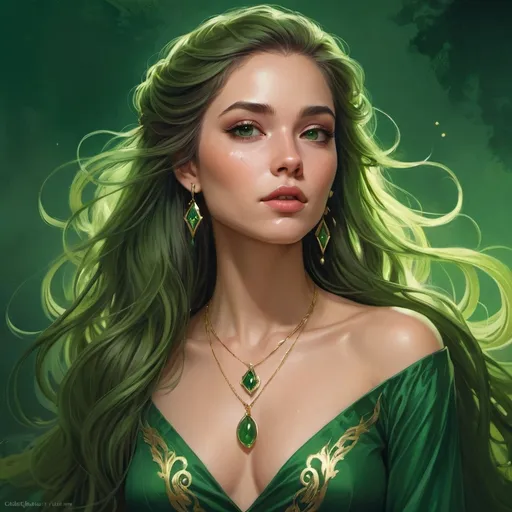 Prompt: a woman with long hair wearing a green dress and gold jewelry, with a green background and a green background, Charlie Bowater, fantasy art, stanley artgerm lau, a detailed painting