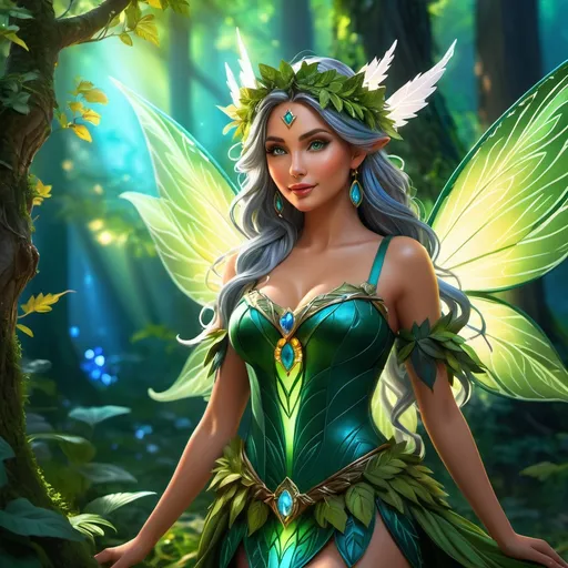 Prompt: Hyper-realisctic, (Full body character portrait), Female Fairy Druid, enchanting forest background, dramatic lighting casting playful shadows, intricate leafy attire, (beautiful, elegant pose), captivating expression with a hint of mischief, vibrant colors enhancing attractiveness, ultra-detailed eyes, ultra-detailed, whimsical atmosphere, 4K quality, fantasy art style.