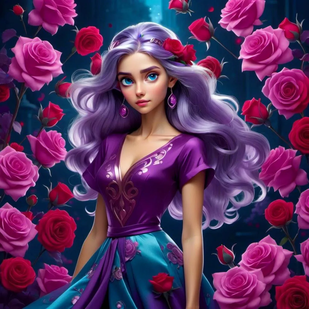 Prompt: <mymodel>Cosmic Epic Beauty, Beautiful and Gorgeous, purple roses in hair