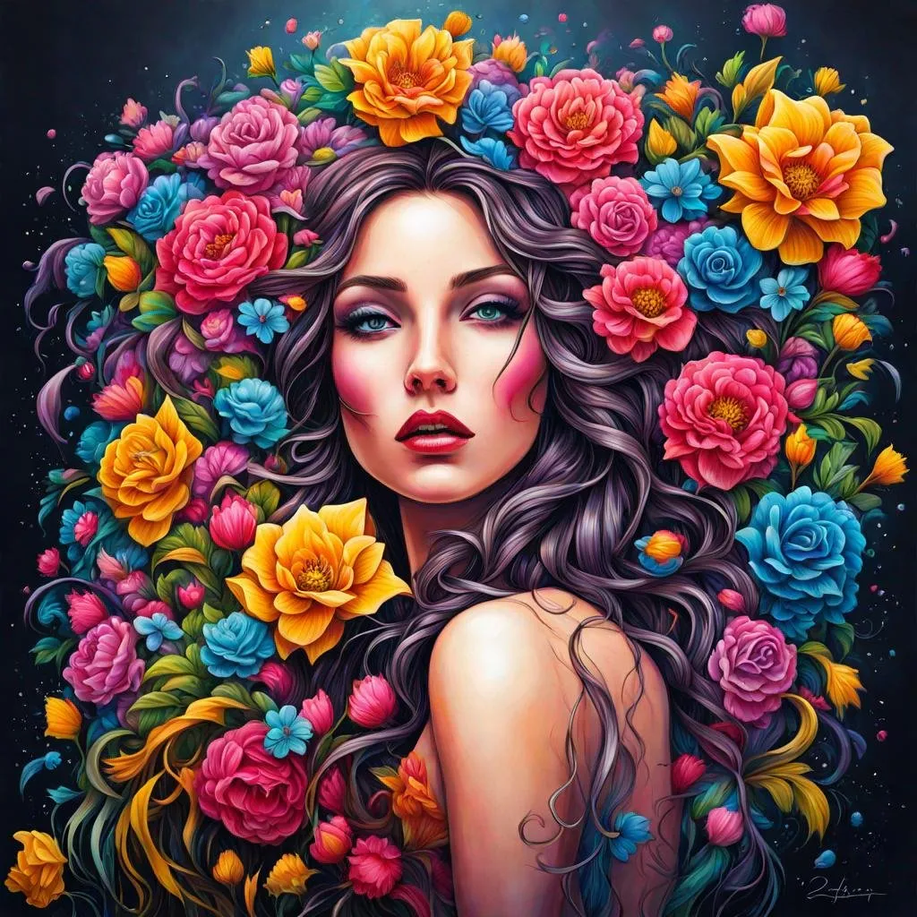 Prompt: Flower Siren graffiti art, splash art, street art, spray paint, oil gouache melting, acrylic, high contrast, colorful polychromatic, ultra detailed, ultra quality, CGSociety