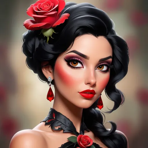 Prompt: A beautiful woman with black hair, beautiful makeup, wearing a red rose in her hair