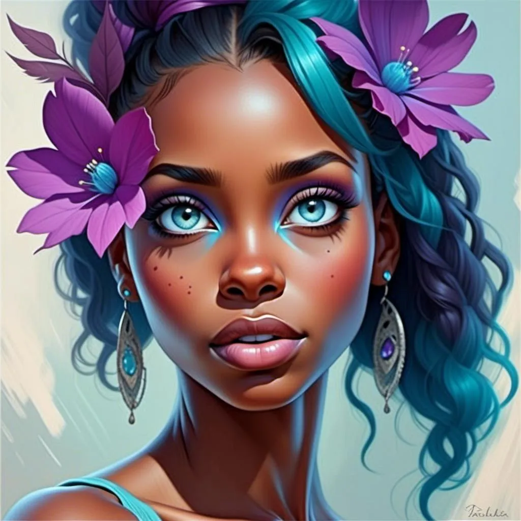 Prompt: <mymodel>young woman with a flower in her hair, colors of purple and turquoise, facial closeup