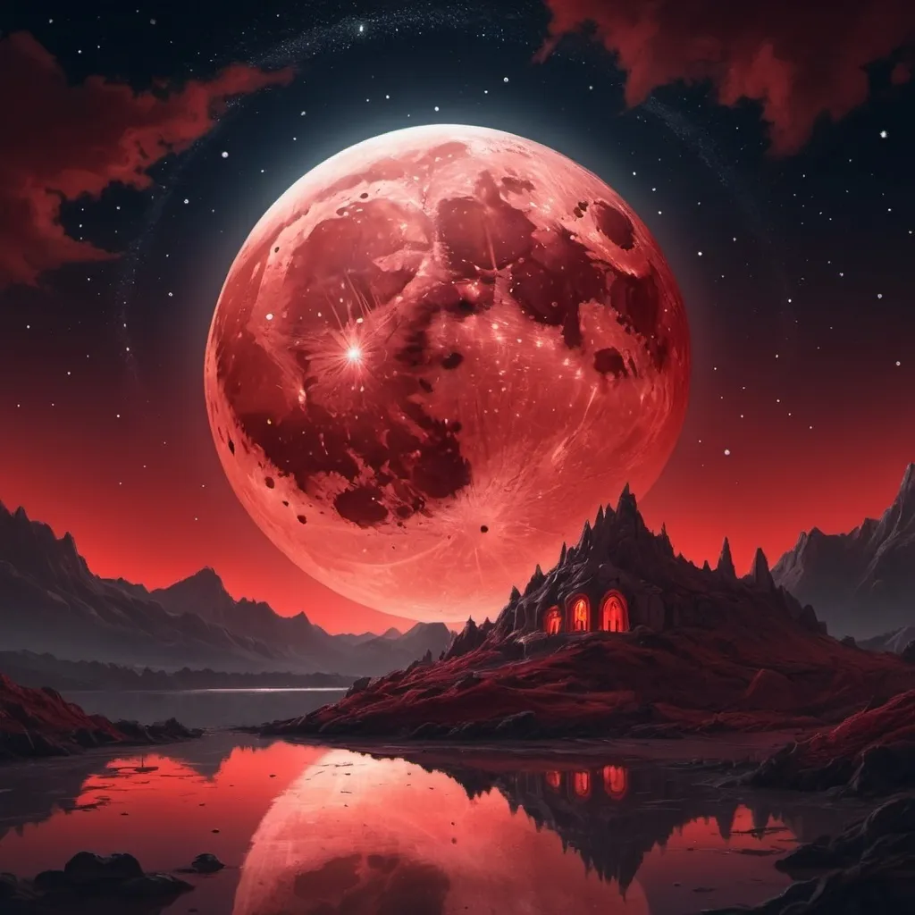 Prompt: masterpiece, 4k, hd , detailed, art , digital art, digital illustration, Crecent moon red glow, Night sky with stars