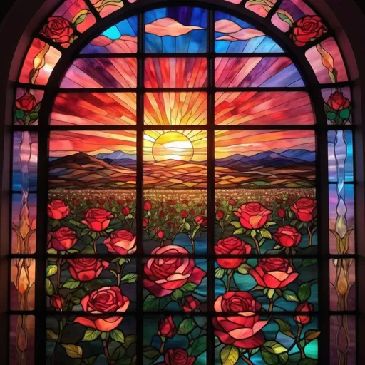 Prompt: beautiful huge stained glass window of a sunrise over a field of roses, vibrant glowing colors, uplight, glowing edges