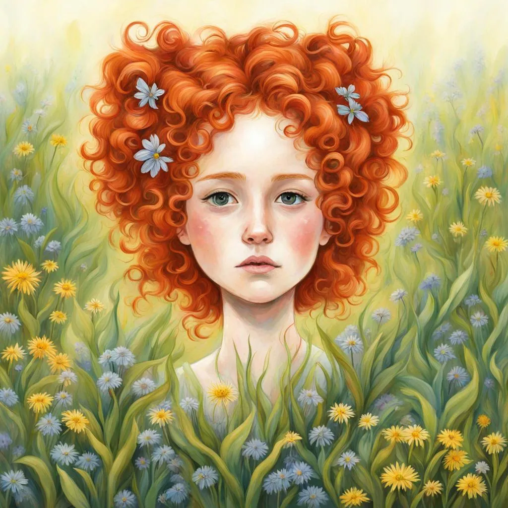 Prompt: ginger haired girl, wildflowers