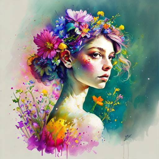 Prompt: a fairy of spring, ,wildflowers, vivid colors,  facial closeup