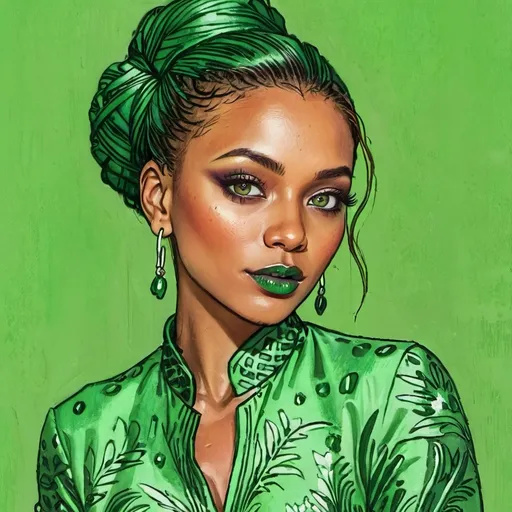 Prompt: <mymodel>Detailed illustration of a woman in vibrant green attire, large vivid green eyes, elegant makeup, digital painting, high resolution, realistic style, vibrant green, professional lighting