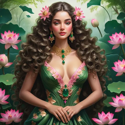 Prompt: Vibrant and enchanting, a regal figure stands amidst a lavish backdrop of lush green foliage and striking lotus flowers. Her long, voluminous curls cascade down her shoulders, adorned with delicate pink flowers that add a touch of elegance to her look. Dressed in a beautifully detailed gown that combines rich greens and golds, she displays eye-catching gemstones, particularly a large emerald at her neckline, which complements her captivating green eyes. The intricate mosaic-like patterns behind her feature soft, earth-toned colors, enhancing the serene yet powerful atmosphere of the composition. This scene evokes a sense of confidence and grace, merging nature's beauty with artistic flair in a celebration of femininity.