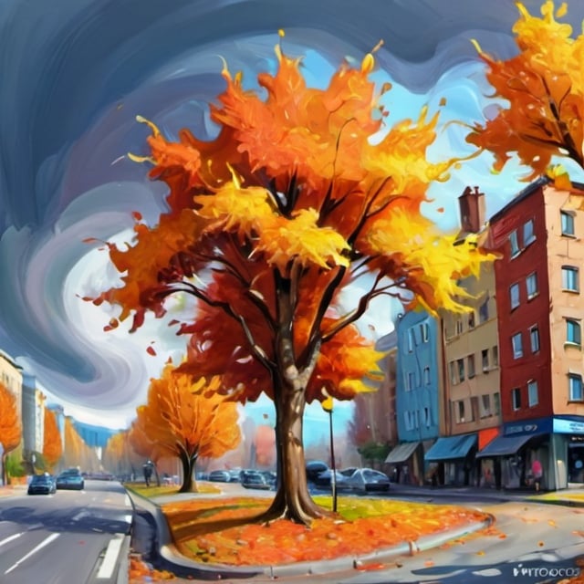 Prompt: 
 expressionism art, cityscape, autumn
