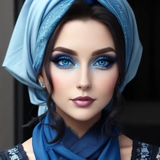 Prompt: A woman all in blue, blue eyes, pretty makeup wearing a blue head scarf