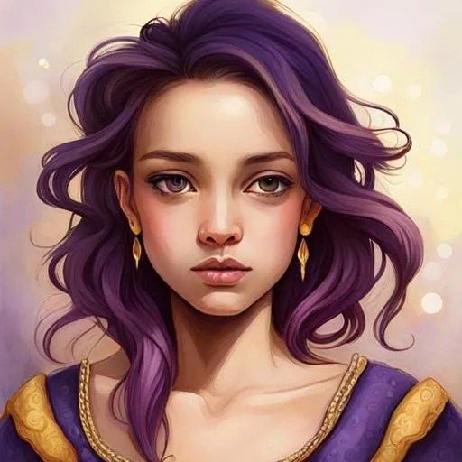 Prompt: beautiful young ,serene expression, detailed features, high quality, realistic, warm tones, soft lighting, elegant composition, dressed in purple and gold