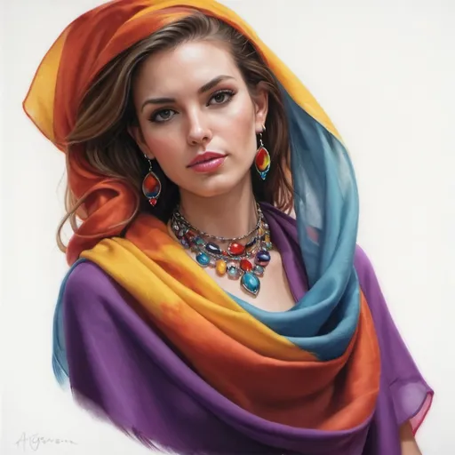 Prompt: <mymodel> a painting of a woman wearing a colorful scarf and earrings with a necklace on her neck and a necklace on her neck, Artgerm, photorealism, extremely detailed oil painting, a photorealistic painting