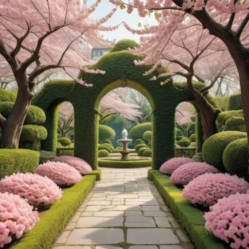 Prompt: In a breathtaking garden adorned with vibrant pink blossoms, a stunning white mansion stands proudly, framed by lush greenery and meticulously arranged flower beds. Towering cherry blossom trees, their branches heavy with blooms, create a dreamy arch over the stone pathway that meanders through the landscape, inviting exploration. The scene is bathed in soft, radiant light, enhancing the pastel hues of the flowers and accentuating the elegant architecture of the mansion, which features ornate details and sweeping curves. A sense of tranquility envelops the atmosphere, evoking feelings of peace and serenity, as if this idyllic setting is a hidden oasis waiting to be discovered. The harmonious blend of nature and architecture crafts a picturesque narrative of beauty and grace.
