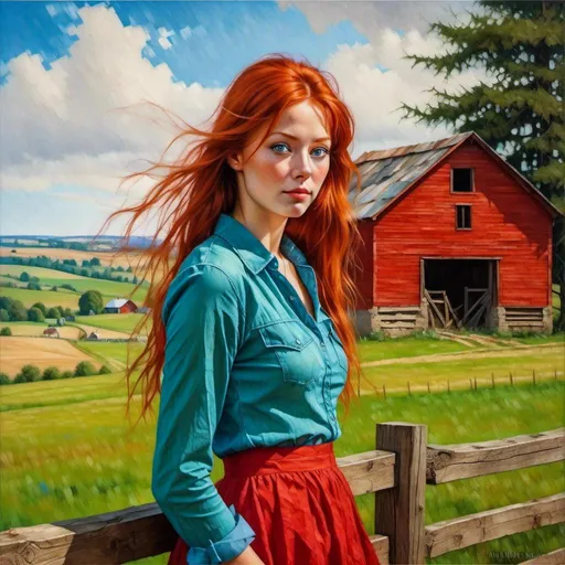 Prompt: <mymodel>a pretty farm girl in a classic farm scene with a red barn, rustic countryside setting, vibrant green pastures, traditional wooden fences, clear blue sky, high quality, oil painting, classic style, warm tones, natural lighting