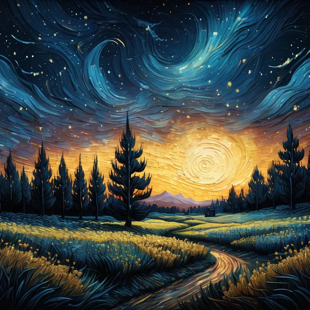 Prompt: a  landscape with a night sky background and stars in the sky,  Van Gogh sky, Dan Mumford, post-impressionism, stars, a detailed painting