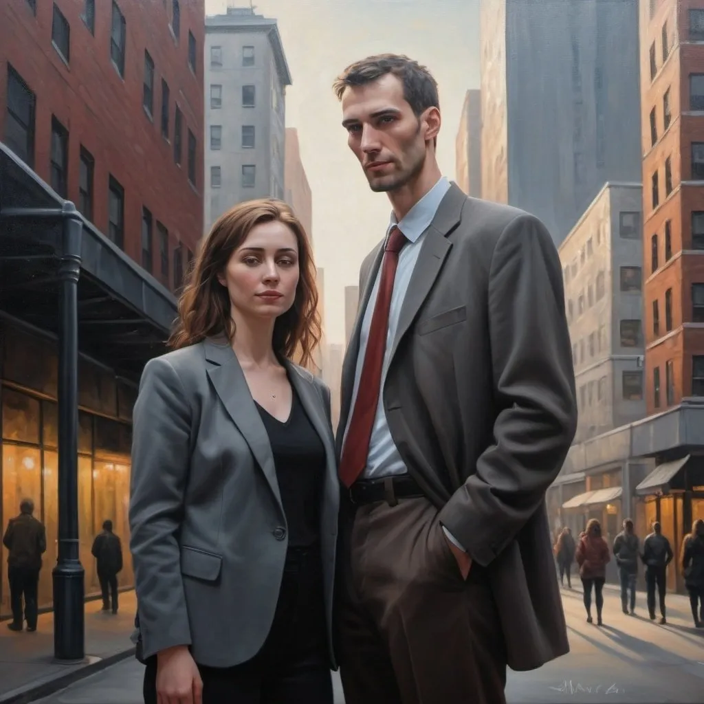 Prompt: Tall man, short woman, realistic oil painting, urban cityscape background, soft natural lighting, detailed facial features, high quality, realistic, urban, oil painting, tall figure, short stature, atmospheric lighting