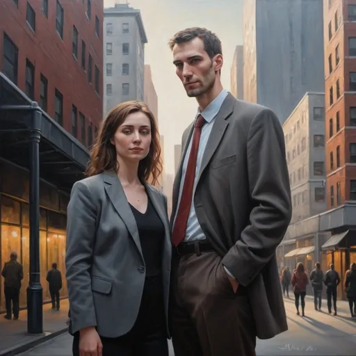 Prompt: Tall man, short woman, realistic oil painting, urban cityscape background, soft natural lighting, detailed facial features, high quality, realistic, urban, oil painting, tall figure, short stature, atmospheric lighting