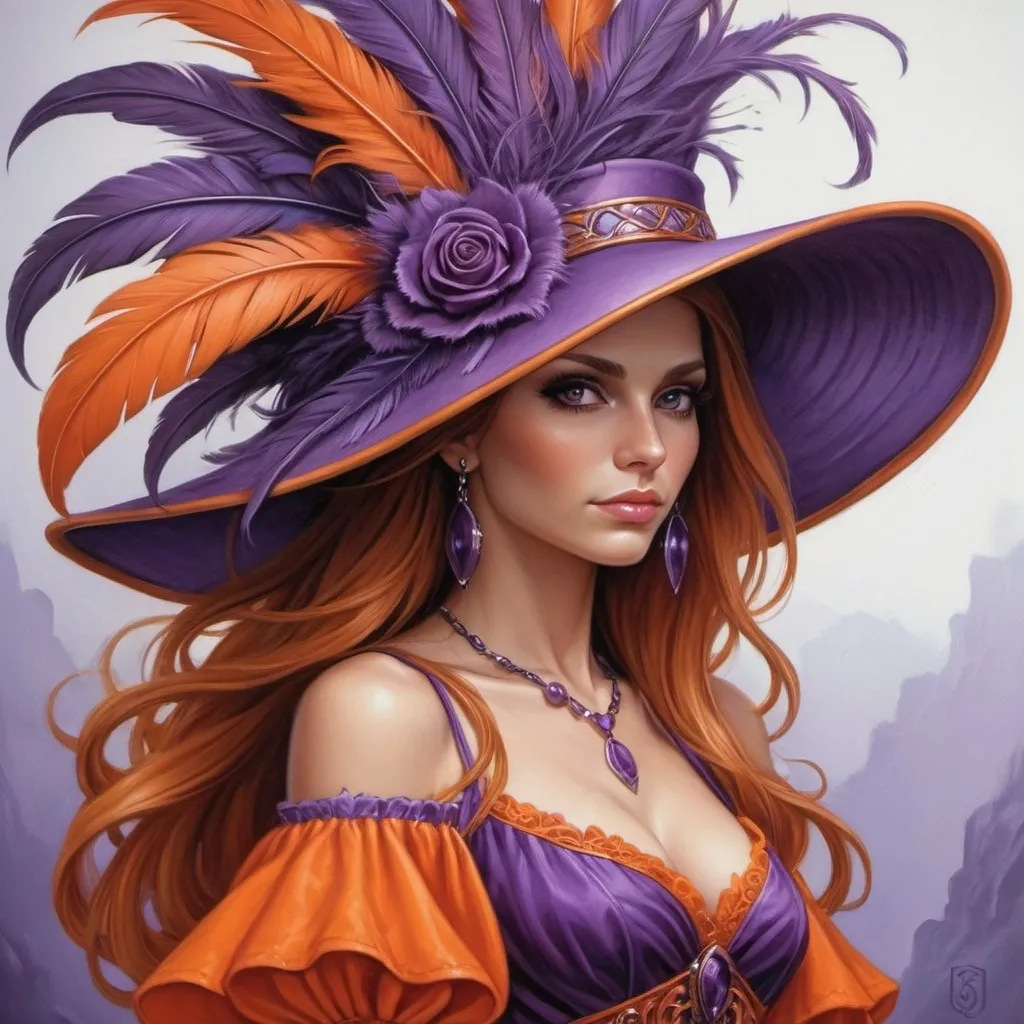 Prompt: a woman wearing a purple and orange hat and dress with feathers on it's head and a purple dress with orange trim, Anne Stokes, fantasy art, orange, a detailed painting