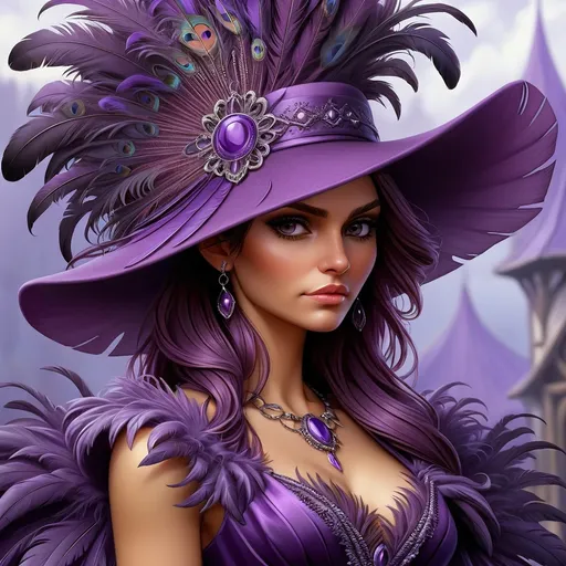 Prompt: a woman wearing a purple hat with feathers on it's head and a purple dress with a purple feathered dress, Anne Stokes, fantasy art, highly detailed digital painting, a detailed painting