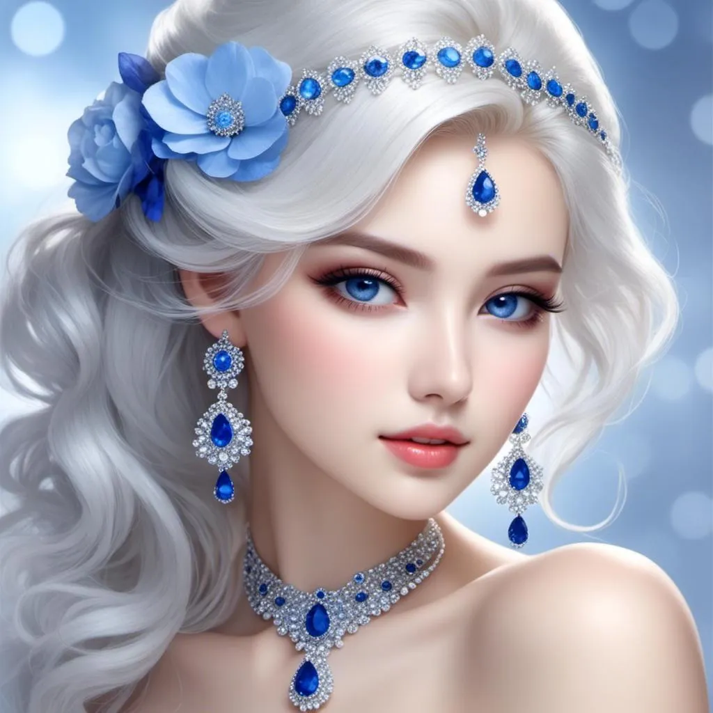 Prompt: <mymodel>A beautiful woman, white hair, blue eyes, blue eyeshadow, blue jewels o