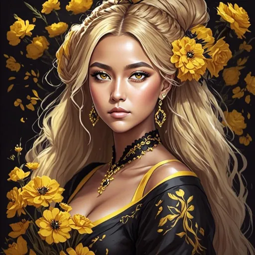 Prompt: <mymodel>High-resolution digital painting of a graceful woman, vibrant yellow flower field, realistic and detailed floral elements, soft and warm sunlight, flowing elegant dress, detailed facial features with a gentle expression, professional digital painting, realistic, detailed flowers, graceful posture, warm and soft lighting, best quality, highres, ultra-detailed, digital painting, realistic, warm tones, elegant