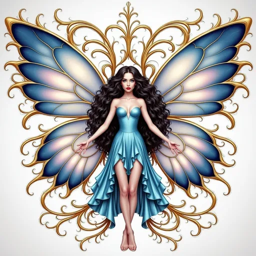 Prompt: a beautiful woman with a butterfly wings on her body and a blue dress on her body, with a gold and blue wings, Anne Stokes, fantasy art, highly detailed digital painting, a detailed drawing