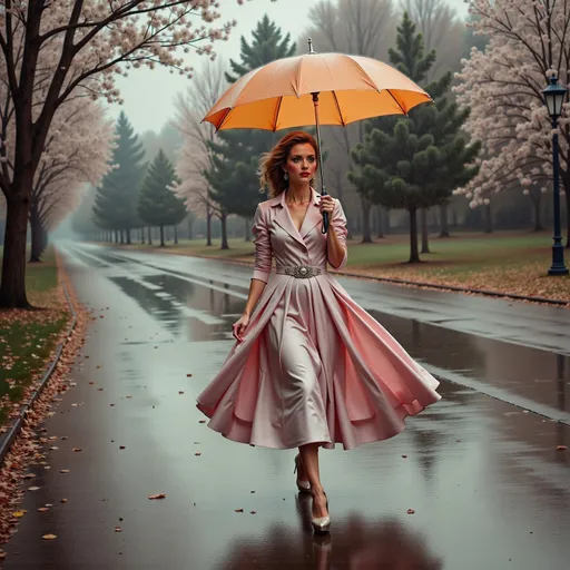 Prompt: A woman in stylish 50s clothes with an umbrella walking in the rain, serene ambiance, gentle rain drizzle, muted colors, soft grays and blues reflecting a calm mood, stylish flowing coat, relaxed expression, puddles glistening, atmospheric mist in the background, romantic and cozy setting, fluid movement capturing the motion of walking, ultra-detailed, 4K quality.