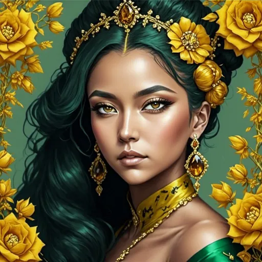 Prompt: a woman accented with colors of amber yellow and jade<mymodel>