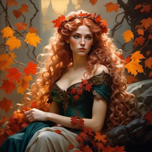 Prompt: epic picture of an autumn eladrin with red hair and a leaf crown in the style of Gerald Brom, an oil on canvas painting, dark, Aestheticism, high detail, 8k resolution<mymodel>
